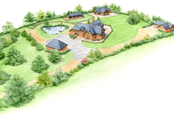 Aerial view emphasising the beautiful setting for this small group of buildings. Aerial view emphasising the beautiful setting for this small group of buildings.