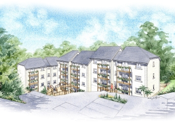 Artist impression of the aerial view of a set of luxury flats.