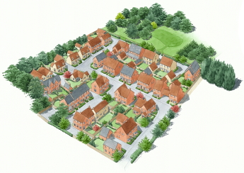 A  large group of luxury aerial view, looking from the side and above. A large group of luxury houses' aerial view, looking from the side and above.