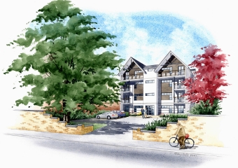 Artist impression of a new apartment block, viewed from the street. Artist impression of a new apartment block, viewed from the street.