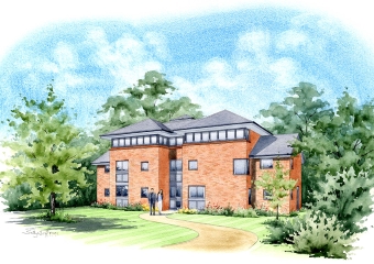 Artist impression showing a planned apartment block in its settings.