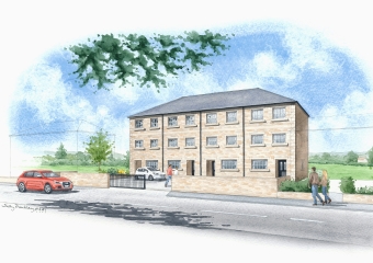 Artist impression of a large new apartment block with gated parking area.