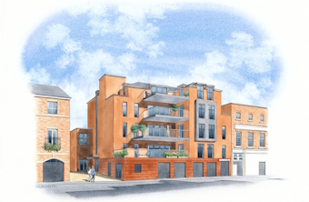 Artist impression of a large new apartment block with balconies and garages. Artist impression of a large new apartment block with balconies and garages.