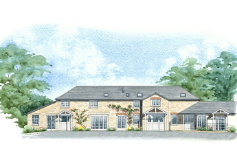Front elevation view of a group of stone-built homes in a small developement. Front elevation view of a group of stone-built homes in a small developement
