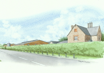 Artist impression of a view from the roadside of the new development, with just small hedges and bushes.