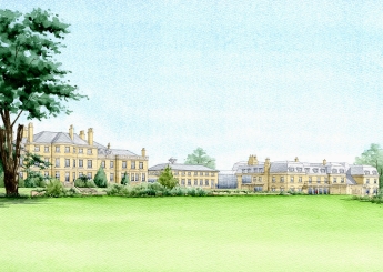 Front view emphasising the beautiful setting for this large group of buildings.