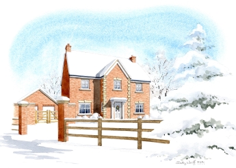 A winter's view of the approach to and front of a house at a proposed redevelopement