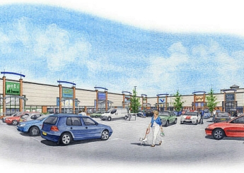 Artist impression of a new shopping centre, front view.