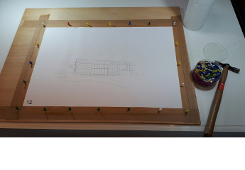 When wet it is taped and pinned to the board. When wet it is taped and pinned to the board.