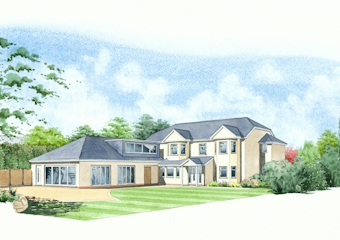 An artist impression of a large house with a large extension.