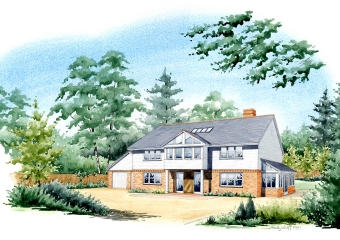 Artist impression of a house with extensions added, set in its own grounds.