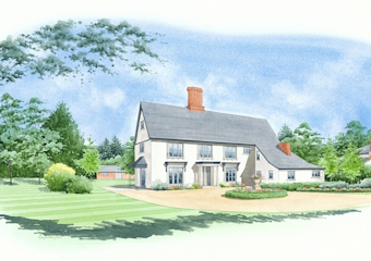 Artist impression of a house with extensions added, set in its own grounds.